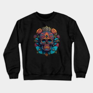 Floral Symphony: Red, Blue, and Gold Sugar Skull Art Surrounded by Flowers Crewneck Sweatshirt